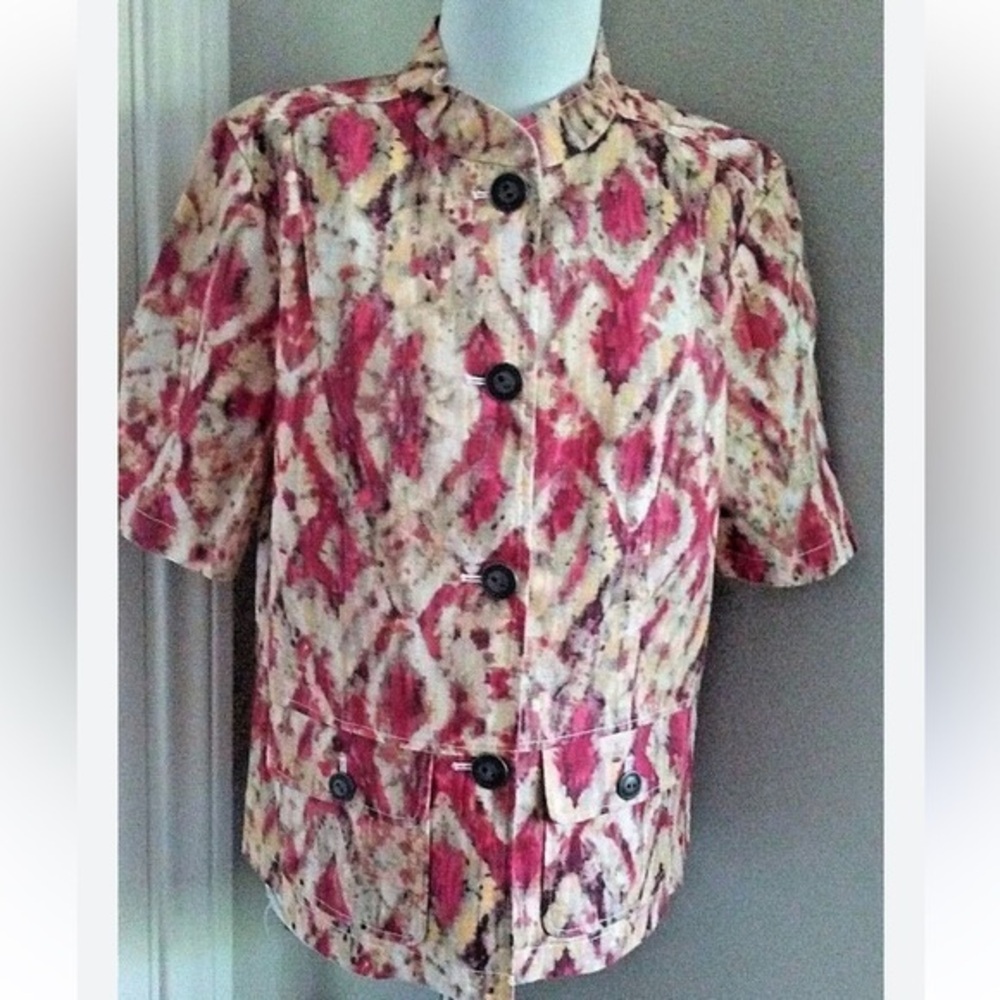 Chicos Sz 3 - XL Colorful watercolor batik Patterned Button-Up linen jacket
